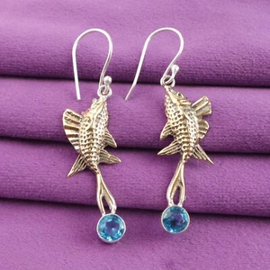 Pendientes bisel mujer boda plata esterlina piedra topacio azul suizo bisel - Imagen 1 de 6