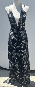 Aakaa Feather Leaves Halter Maxi Dress Slits Size Small Strappy Open Back Boho - Picture 1 of 16