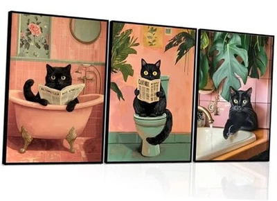 Arte de pared rosa para gato baño 3 piezas gato negro sentado en carteles de 12x16 pulgadas rosa Foto 1 de 4