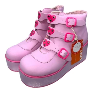 LUCKY STEP Platform Boots Women's UK Size 6 Chunky Pink Buckle Close Animal Free - Picture 1 of 12