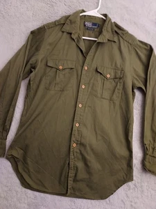 Vintage Polo Ralph Lauren Shirt Mens Medium Epaulets Military Olive Green Safari - Picture 1 of 12