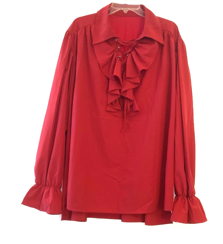 Medieval Renaissance Mens Pirate Shirt XXL Red Ruffle Lace Up Neck - Image 1 of 4