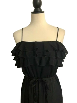 Antigo Vestido de Babado Preto Semitransparente Annie WADE 70s Tamanho 9/10 Coquetel - Imagem 1 de 4