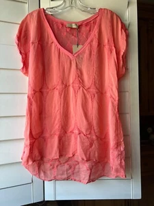 NWT $148 LANGUAGE LOS ANGELES Stunning Coral Blouse L Boho Silk Blend - Picture 1 of 5