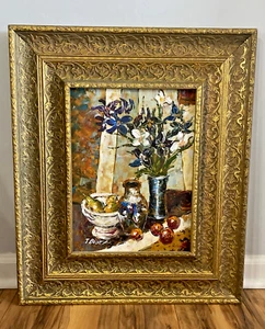 Framed Floral Fruit Still Life Original Painting on Canvas 22" x 26" Signed - Picture 1 of 23