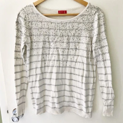 Suéter ELLE Mujer Talla M Blanco Gris Rayas Lentejuelas Manga Larga Foto 1 de 3
