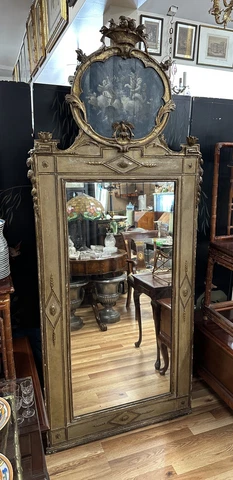 Antique 19th Italian Neoclassical Giltwood Painted Trumeau Wall Mirror Cherubs Cover