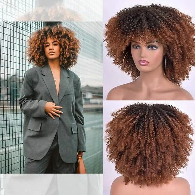 Peruca Afro Kinky encaracolada com franjas para mulheres negras 14" moda natural ombre marrom  - Imagem 1 de 4