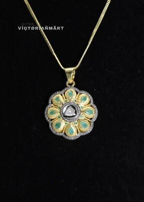 925 Sterling Silver Emerald Polki & Pave Diamond Pendant Gift - Image 1 of 4