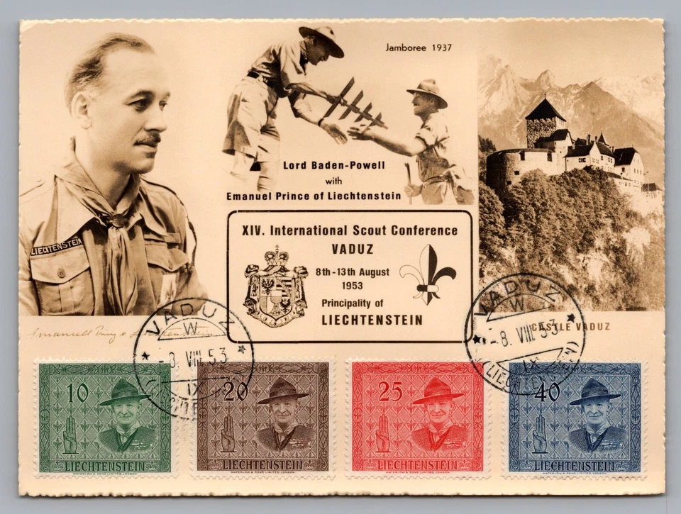1953 Vaduz Liechtenstein Baden-Powell Photo Postcard Cover FDC Scout Conference - Image 1 of 2