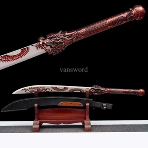 High Carbon Steel Chinese Dao 牛尾刀 Real Sword Red Dragon Theme Leather Sheath HOT - Picture 1 of 10