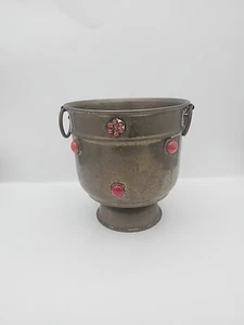 Vintage Brass Flower Pot Jardinere Red Stones India - Picture 1 of 8