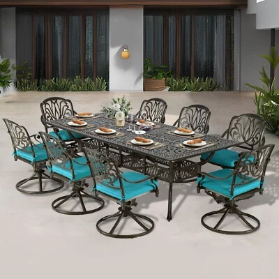 Juego de comedor exterior de 9 piezas para muebles de aluminio fundido mesa de patio y sillas giratorias Foto 1 de 4