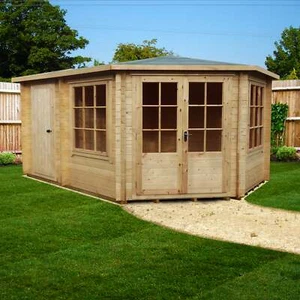 Shire Leygrove Corner Log Cabin 28mm interlock cladding - Picture 1 of 9