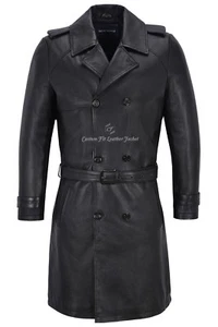 Mens Knee Length Leather Trench Coat Black Lambskin Double Breasted Classic 6970 - Picture 1 of 9