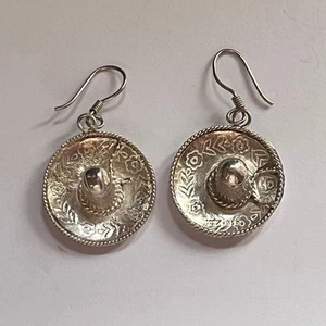 Vintage Signed Sterling Silver Sombrero Hook Dangle Earrings - Southwestern - Picture 1 of 13