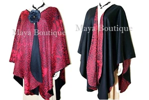 Reversible Wool Cashmere & Angora Tiger Ruana Cape Wrap Red & Black USA Made - Picture 1 of 13