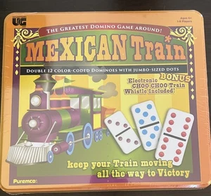 Mexican Train Dominoes Game Double 12 Professional Size in Tin w/ Train Whistle - Picture 1 of 2
