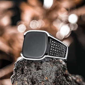 Anillo de plata de ley 925 corte personalizado ónix micro circón negro piedra para hombre - Imagen 1 de 4