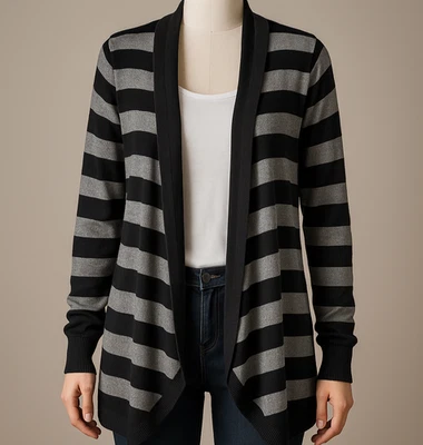 Black and Gray Striped S/M Cardigan Sweater Long Sleeve Lightweight Knit - Image 1 of 4