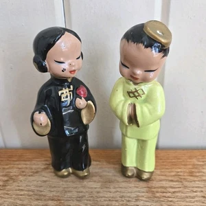 Handbemalter Porzellan japanisches Mädchen 5" Figur Japan grüner Kimono 2er Set Vintage - Bild 1 von 8