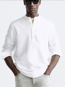Zara Men Strukturiertes Baumwollhemd Bandkragen Langarm Halbknopf Weiß Resort - Bild 1 von 10