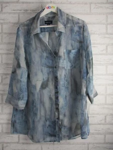 Gordon Smith womens shirt top blouse blue grey print 14 sheer 3/4 sleeves - Picture 1 of 8