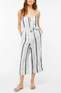 Monsoon Lydia Linen Blend Jumpsuit Size 10 Blue & White Belted Pockets - Picture 1 of 10