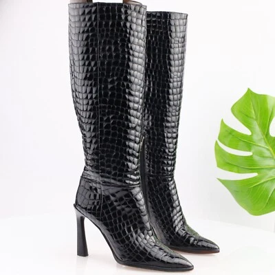Vince Camuto Womens Pelsna Boot Size 7 Tall Black Patent Croc Pointed High Heel - Image 1 of 4