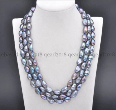 3 行天然 7-8/8-9/9-10 毫米黑色巴洛克淡水珍珠项链 18-20 英寸 — 第 1/4 张图片