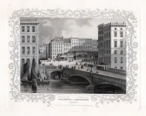 HAMBURG: Hopfenmarkt und Holzbrücke., Originaler Stahlstich, James Gray 1852 - Bild 1 von 1