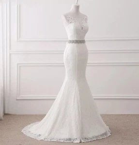 UK white/ivory sleeveless mermaid lace Beach Wedding Dresses with Belt size 6-18 - Picture 1 of 4
