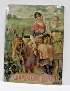 Champagne Binet embossed Metal Sign Raised Figures 12 x 15.5" Girl Donkey New - Picture 1 of 2
