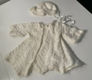Vintage 1950s Baby Infant Girl Knit Sweater & Bonnet White Angora Trim - Picture 1 of 9
