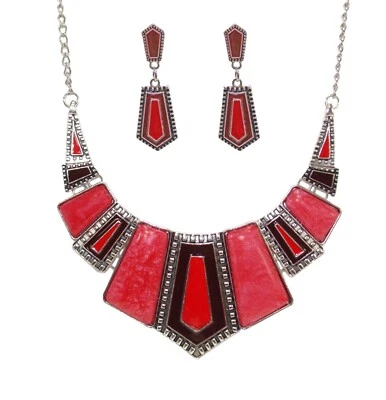 Red statement 项链和耳环套装,带大号卡巴乔珠,红色搪瓷 全新 — 第 1/4 张图片