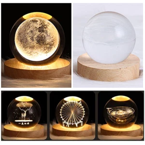 USB Crystal Table Lamp LED Globe Night 3D Moon Kids Gift Christmas Decor Light ∂ - Picture 1 of 19