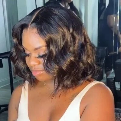 Bob Black Brown Short Curly Wave 13x4 Lace Front 100% Remy Human Hair Wigs Women - Image 1 of 4