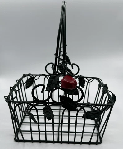 Vintage Green Metal Handled Basket With Red Apple & Leaves Cover