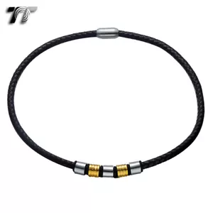 TT 6mm Black Leather S.Steel Two Tone Bead Magnet Buckle Collar Necklace (CL10) - Picture 1 of 1