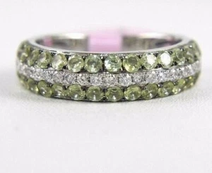 Natural Round Peridot & Diamond 3 Row Cluster Ring Band 14K White Gold 1.63Ct - Picture 1 of 7