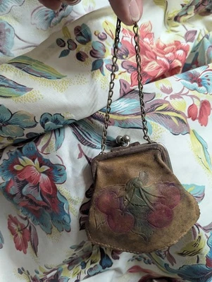 Antiguo monedero de cuero genuino broche de beso adorno floral bolsa de cambio Foto 1 de 2