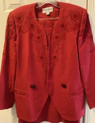 Vtg John Meyer Of Norwich Dressy Jeweled Glitzy Christmas Red Skirt Suit - Image 1 of 4