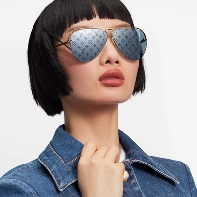 LOUIS VUITTON Clockwise Monogram Logo Black Gold Aviator Pilot Sunglasses - Image 1 of 4