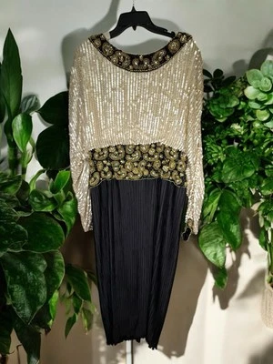 George F. Couture Beaded Sequin Gown Sz 16 Black Gold Vintage Maxi Glam - Image 1 of 4