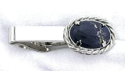 1 4/5 INCH 18x13 OVAL LAPIS LAZULI CAB GEMSTONE ROPE  SPRING CLIP TIE BAR  - Image 1 of 2