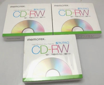 Lot 3 Memorex 5 Pack High Speed CD-RW 12x Data 700MB/M0 80 Minute Music NEW - Image 1 of 3