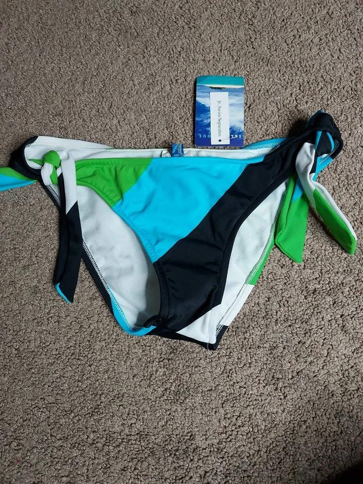 Pantalones de bikini Island Soul pequeños azules verdes y blancos a rayas Island Soul nuevos con etiquetas Foto 1 de 4