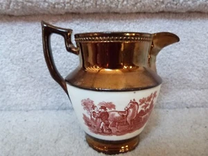 ANTIQUE Copper Luster Pitcher Creamer White Band Rust Girl Sheep Man Horse Dog - Picture 1 of 12