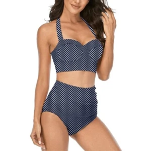 Retro 50s Halter Polka Dot Vintage Swimsuit Women's High Waist Push-Up Bikini - Picture 1 of 11