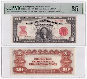 1937 Philippine National Bank 10 Pesos, Paterno- Yulo, Pick- 58 PMG 35 Ch VF - Picture 1 of 4